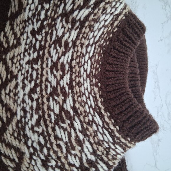 Wool Chunky Hand Knit Fair Isle Sweater Brown Tan Warm Cozy Cabincore Ski Chalet - Picture 8 of 11